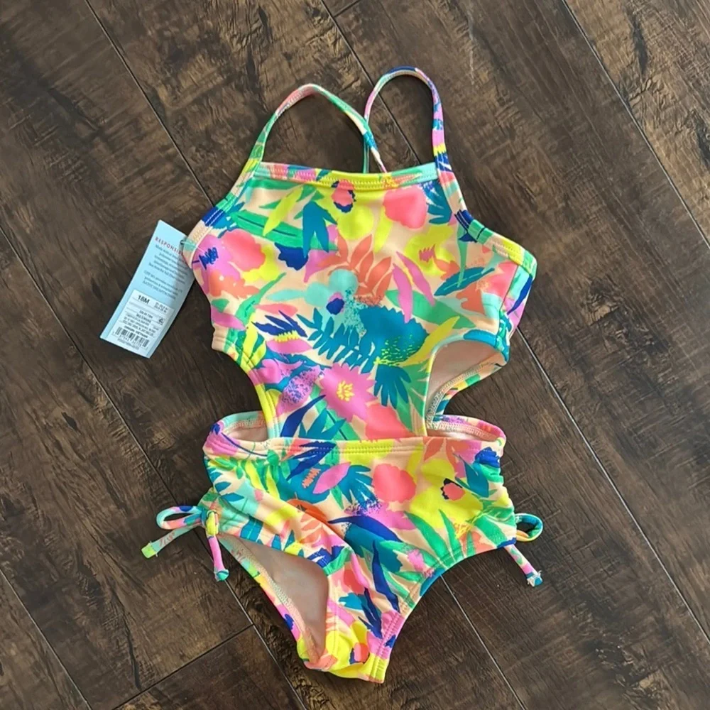 Cat & Jack Yellow and Pink One Piece Swimsuit with Tropical Print